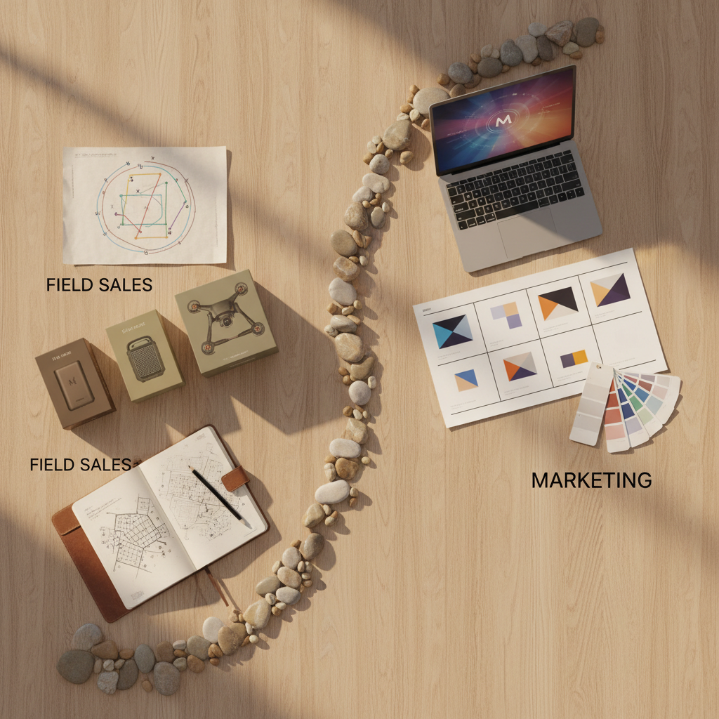 An overhead shot of a large, light oak table divided into two distinct zones using a diagonal line of small, neutral objects, symbolizing the transition from field sales to marketing. On one side, there are sample product packages, a simple route map made of colored lines, and a rugged, slightly worn notebook. On the other side, a clean storyboard of abstract ad frames, color swatch cards, and a sleek laptop showing a bright, non-text brand dashboard. Soft afternoon sunlight enters from the top right, creating warm, inviting highlights and gentle, elongated shadows. The composition uses the rule of thirds, guiding the viewer from the tactile, on-the-ground sales tools to the strategic, conceptual marketing elements, conveying progression and evolution in a realistic photographic style.